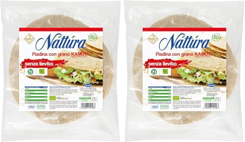 NATTURA Piadina con Grano Kamut Bio, 3 Piadine all'Olio Extravergine di Oliva con Grano Kamut, Senza Lievito, Prodotto Vegano Senza Olio di Palma, 200 g (Confezione da 2)