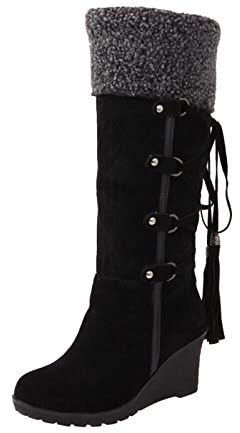 Stivali alti al ginocchio da donna in camoscio marrone stivali da neve invernali caldi punta rotonda antiscivolo vintage stivali con zeppa eleganti e versatili stivali alti alla coscia leggeri casual