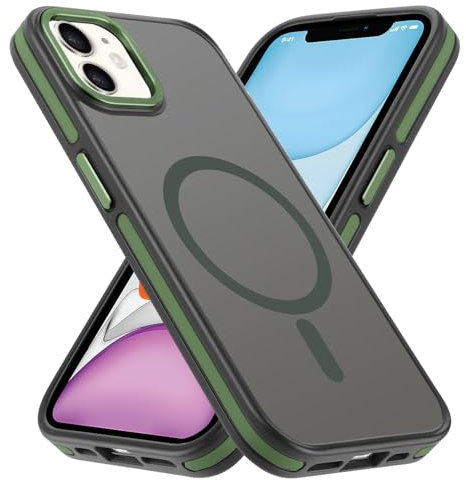 Kueqeay Cover per iPhone 11 6,1” Magnetica, Compatibile con MagSafe Custodia Traslucida Opaca Antiscivolo Posteriore Resistente ai graffi Custodia Sottile Antiurto Bumper Case, Verde