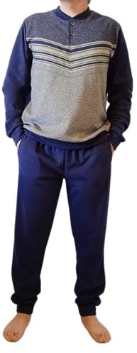 ARTIGIANI DEL PIGIAMA Pigiama da Uomo Invernale Punto Milano Jacquard Felpato Morbido e Traspirante Derby Made in Italy Lungo (IT, Testo, S, Regular, Regular, Blu Navy e Beige)