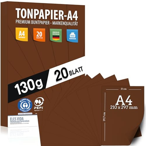 Tonpapier BRAUN - A4-130g/m² – Bastelpapier & Farbige Blätter, Kinder & DIY Bogen, Zubehör zum Basteln für Geschenke zum Kreativ sein Bedruckbar - BLAUER ENGEL & PEFC Zertifizierung - MADE IN GERMANY