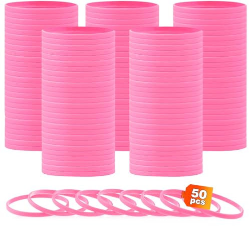 HONTIUS Braccialetti In Silicone, 0.24'' 6 mm di larghezza super stretto Braccialetti In Gomma, Vuoto Elastici di Gomma per per Adulti Uomo Donna Scuola Festa Fitness Corsa Sport (Rosa, 50 Pezzi)