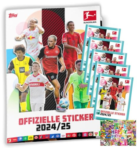 Bundle mit Topps Bundesliga Sticker 2025 - Fußball Sammelsticker - 1 Album + 5 Tüten + Exklusive Geburtstagskarte