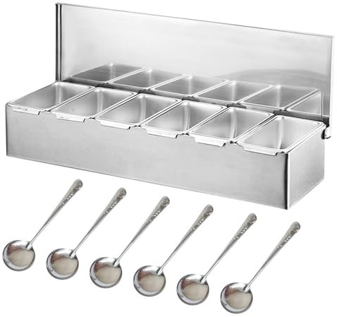 Tokenhigh Contenedor de ingredientes para pizza, accesorios de gastronomía de acero inoxidable, 4 rejillas, caja de especias, recipiente para guarnición, recipiente para barbacoa con tapa, barra de