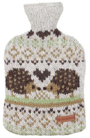 Pachamama Handknitted 100% Hot Water Bottle Cover and 2 Litre Hot Water Bottle - Hedgehogs Pattern Handmade Fair Trade Multicoloured Thermal