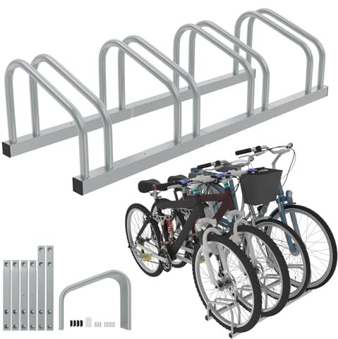Froadp Fahrradständer Boden für 4 Fahrräder,Mehrfachständer für 30-65mm Reifenbreite, Galvanisierter Stahl Fahrradhalter, Boden und Wandmontage,Silber
