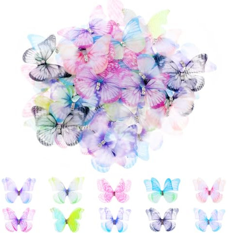 Apausvcm 60 Stück Schmetterlinge Deko,Schmetterlinge Organza Stoff,Durchscheinender Chiffon Schmetterling,3D Schmetterling,für Scrapbooking Gepäck Wand Fenster Haarspange DIY Dekoration