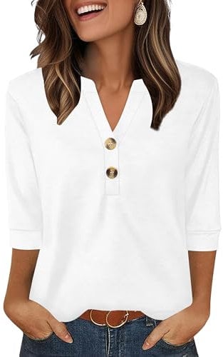 Aokosor Womens 3/4 Sleeve Tops Ladies Blouse V Neck Tunic Long Sleeve T Shirts Curved Hem Office Wear White Top Size 14-16 for UK