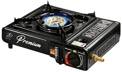 Portable Gas Cooker Stove with 4 Butane Gas Bottles Canisters - For Outdoor Camping, Fishing, Caravan & BBQ | Premium Burner, Automatic Ignition & Heater Control, EN417 Compliant - Black With Case