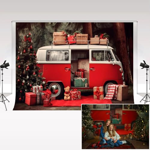 Kate Fotografie-Hintergrund 2.2x1.5m/7x5ft Winter-Schnee-Szene Weihnachten rotes Auto Geschenke Weihnachtsbaum Kindergeburtstag Familienporträt Hintergrund Fotostudio-Requisiten