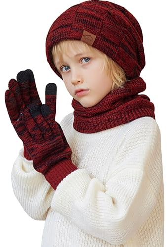Runmeihe Kids Hat Scarf Gloves, 3 in 1 Winter Warm Knitted Set, Cold Weather Set with Knit Beanie Cap Touch Screen Gloves Circle Neck Scarf (Red)