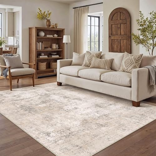 PureCozy Teppich Wohnzimmer 150x210cm Creme Abstrakt Waschbarer Teppiche