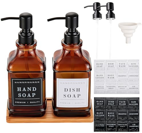 Pollock Seifenspender Glas Braun 2 Stücke 500ml mit Schwarze Pumpe aus Edelstahl, Shampoo Flaschen Zum Befüllen, Duschgelspender für Küche, Bad und Dusche Inklusive 24 Etiketten und Trichter