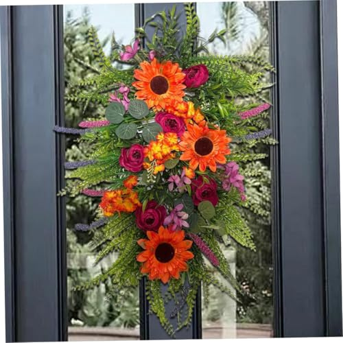 Sunflower Wreaths, 16 Inch Artificial Wildflower Wreath for Front Door, Colorful Spring Summer Door Hanging Decoration for Home Porch and Wall Decor, Día de Pascua