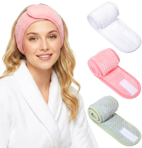 TIESOME Haarband für Make Up, 3 Stück Set Kosmetik-Haargummis mit Klettverschluss, Kosmetik Haarband Damen Schminken Spa Stirnband Frottee Abschmink Haarbands für Haarschutz bei Schminken, Yoga