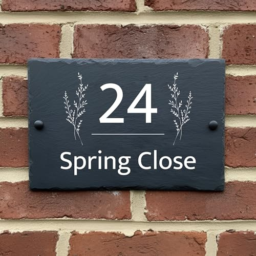 Rustic Slate House Sign - Custom House number plaques with Natural Farmhouse Design- Includes Screws & Fixings - Ideal for Home, Office (Design 6, Small)