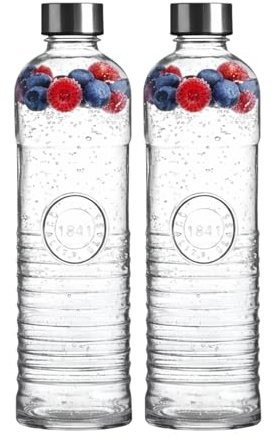 2er-Set Wasserflasche, Trinkflasche, Glasflasche für 1 Liter – gestreift | transparente Karaffe – Retro & Vintage-Stil – luftdichter Schraubverschluss, auslaufsicher – Umweltfreundlich – Seaside No.64