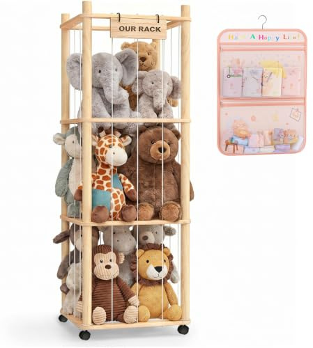 zxevg Wooden Plush Toy Storage Rack with Storage Bag | Versatile storage rack with elastic cords for bedroom, living room or dorm. Ideal for plush toys, blankets, bags & more.