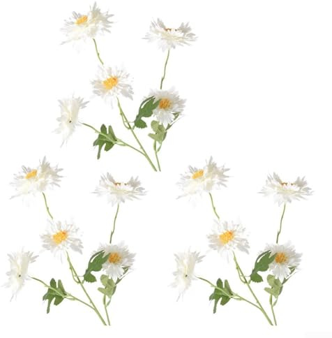 3 fiori di crisantemo simili alla seta con vivace design a fiamma per decorazioni per addio al nubilato, vasi d'ingresso e spazio ufficio (bianco)