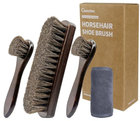 Choochoc 4pcs Premium Horsehair Brushes - 100% Horse Hair Shoe Polish Brush Set with Wooden Handles for Leather Boots, Car Seats, Sofas & Bags