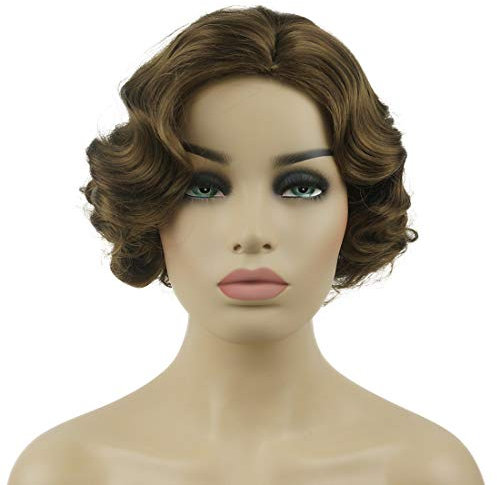 Lydell Vintage Cosplay Party Perücke mit kurzen Fingern, gewellt, inkl. Perückenkappe (hellrotrotrotgoldbraun)