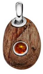 Anhänger Holzkiesel oval aus echtem Treibholz – Unikat | Bernstein - klein | Fassung aus 925 Sterling Silber | Charm P3129