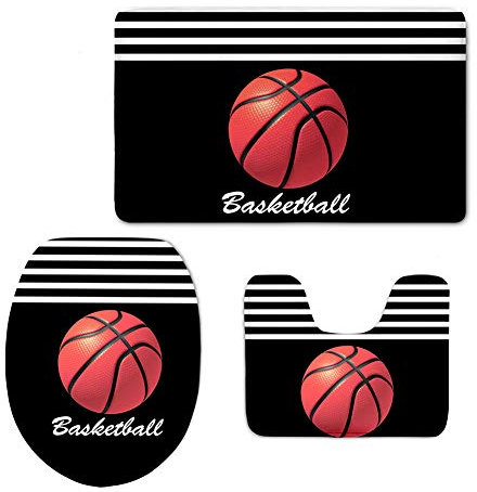 HUGS IDEA Badezimmerteppich-Set, Sportbälle, rutschfest, Badematte, Konturmatte, WC-Deckelbezug, 3-teilig, Flanell, Basketball 1, S