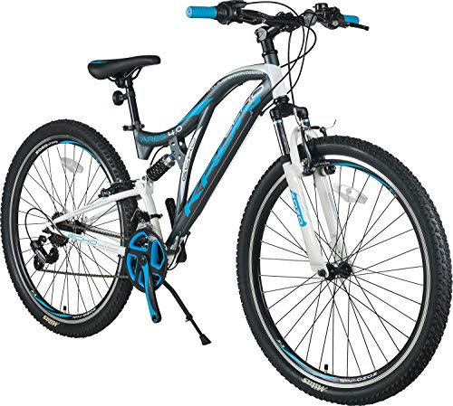 KRON ARES 4.0 Fully Mountainbike 26 Zoll | 21 Gang Kettenschaltung mit V-Bremse | 16.5 Zoll Rahmen Vollgefedert MTB Erwachsenen- und Jugendfahrrad | Grau & Blau