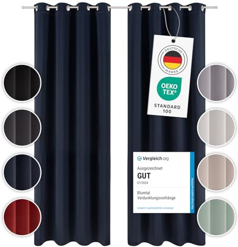 Blumtal Verdunklungsvorhänge 2er Set - Thermovorhang Hitzeschutz - Vorhang blickdicht mit Ösen - Gardinenschals mit Schlaufen - Thermovorhang - Gardinen 225x140cm - Curtains for Bedroom - Vorhang Blau