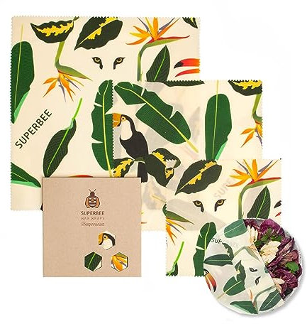 SUPERBEE Beeswax Wrap for Food, Set of 3 Bees Wax Wraps, Reusable Bees Wrap Paper for Wrapping Vegetables, Cheese Paper, Bowl Covers and Sandwich Wrapping Paper, Beeswax Food Wraps Size S/M/L