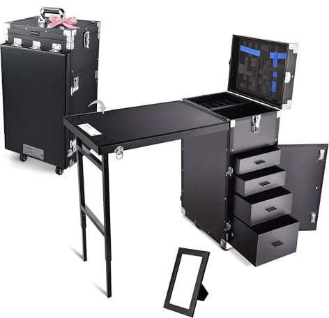 BYOOTIQUE Portable Manicure Table Desk Station for Nail Tech Organizer Rolling Makeup Case with Wheels 4 Drawers Storage for Manicurist Technician Workstation Artist, Black With Handle