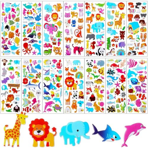 UPINS Tier Sticker für Kinder, 14 Blätter 3D Puffy Aufkleber Set