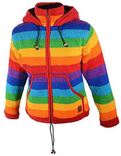 Damen Regenbogen Strickjacke Goa Wolle Jacke mit Fleecefutter und Abnehmbarer Zipfelkapuze, Größe Damen:36