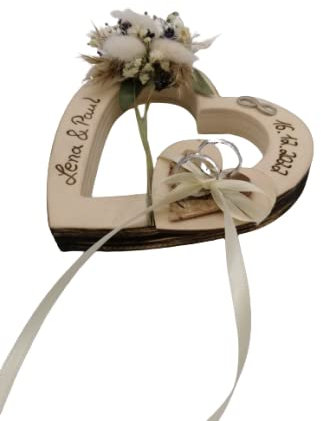 Vintagelook Hochzeit Ringkissen Ringhalter Holz Herz geflammt mit Namen