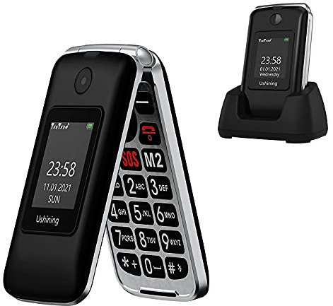 USHINING 3G Téléphone Portable pour Personnes âgées, Téléphone Portable Shell avec Gros Boutons Fonction SOS à Volume élevé Base de Chargement Double écran (1,77 et 2,8) - Noir