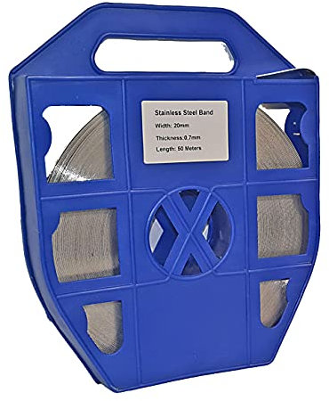Feuillard Acier en Inox pour Cerclage, Dévidoir Bleu, Inox Gris, Largeur de 20x07mm Rouleau de 50 Mètres