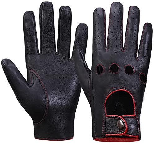 MGGMOKAY Herren Leder Autohandschuhe Touchscreen Lederhandschuhe Ungefüttert,SchwarzRot,L