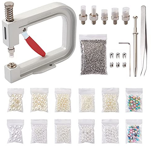 Cheriswelry Perlenfassung, Nieten, Werkzeug-Set, 590 Stück, 5 Größen, Acryl, runde Perlen, Pinzette, DIY, manuelle Perlennietknöpfe, Werkzeug für Kleidung, Schuhe, Hüte