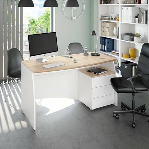 Dmora - Carrollton Desk, Bureau, Table d'étude PC avec 3 tiroirs, 136x67h74 cm, Blanc et Chêne