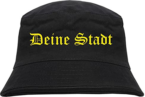 Individueller Anglerhut - altdeutsch - schwarz - Bucket Hat - Fischerhut mit Wunschtext Bedruckt Druckfarbe: Gelb XL
