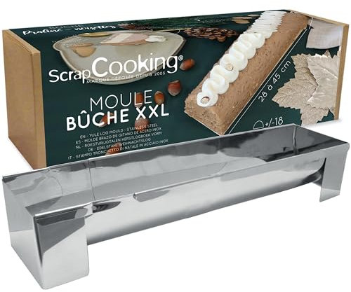 ScrapCooking - Moule Bûche Inox XXL - Taille Ajustable 28 à 45 cm - Dessert de Noël jusqu’à 18 Convives - Avec Feuilles Rhodoïd, Supports & Recette Bûche Praliné Noisettes - Pâtisserie - 1936
