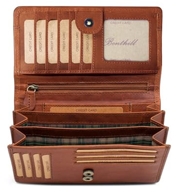 Benthill Portemonnaie Leder Groß - Geldbörse mit RFID Schutz - Geldbeutel aus echtem Rindsleder mit vielen Kartenfächer - XXL Langbörse, Farbe:Braun