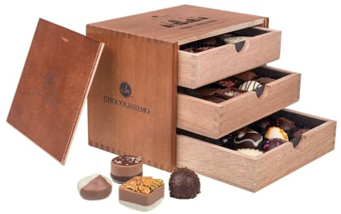 CHOCOLISSIMO Schokolade Geschenk - 30 Edle Pralinen in Holzbox - Weihnachtssüßigkeiten - Geschenk zu Weihnachten - Geschenkidee, Präsent Frauen, Männer, Frau, Mann, Eltern, Freundin - Merry Grande