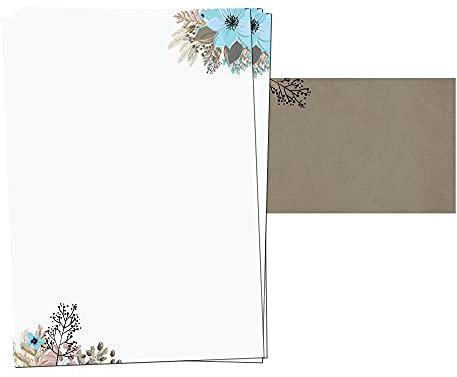PRESENTOU Briefpapier bedruckt 120 Gramm Papier | Motivpapier Urkundenpapier Urkunde Speisekarte Liebesbrief (Blumen & Braun, 25 + 25 Bögen + Umschläge)