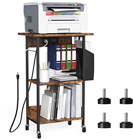 Joansea 3-Tier Mobile Printer Stand with Charging Station, Modern Printer Cart on Wheels with Storage Bin, Industrial Kitchen Carts, for Office Home, Rustc Brown