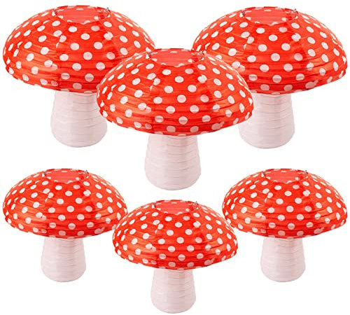 6 PCS Mushroom Shaped Paper Lanterns, 3D Forest Jungle Theme Lantern Wonderland Hanging Mushroom Lantern Fairy Tale Party Ornament for Birthday Wedding Garden Baby Shower Party Decoration (Red)