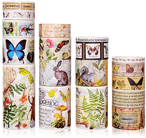 Vintage Washi Tape 18 Rolls,75/50/30/25/20/15/10/5mm Wide Astronomy Planet Stars Moon Universe Old Letters Decorative Retro Masking Tape Set for Scrapbooking Supplies,Craft,Kids,Scrapbook (Yellow)