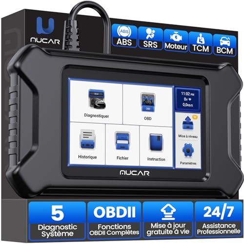 mucar OBDII Valise Diagnostic Auto, MUCAR CS5 Diagnostic Voiture Multimarque pour la Transmission+Moteur+ ABS+SRS+BCM, Android 7.0, Test de Batterie, Mise à Jour Gratuite à Vie