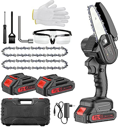 Mini Motosega 4 Pollici, Sega a Batteria per Potatura Seghetto Motosega Elettrica per il Taglio del Legno Giardini, 2 Batterie e Caricatore