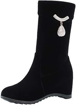 PYUIYY Damenmode einfarbig Strass Schnalle seitlicher Reißverschluss innere Boosting mittlere Stiefel Jagdbekleidung Damen (Black, 37)